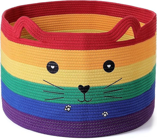 Zopeal Cat Basket Storage Woven Organizer with Ears Christmas Decorative Pet Toy Cute Cotton Rope Basket for Gift Cat Dog Toy Bin Nursery Room(21.7 x 13.8 Inch,Rainbow)