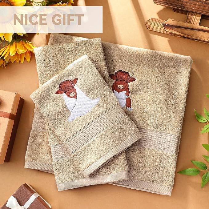 3 Pcs Highland Cow Bathroom Towel Set Farmhouse Embroidered Highland Cow Towels Vintage Decorative 100% Cotton Bath Towel Highly Absorbent Funny Decor Set for Bathroom