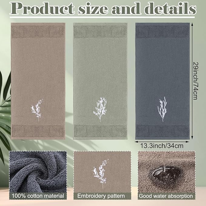 3 Pcs Boho Botanical Hand Towels Bathroom Decor Retro Embroidered Minimalist Nature Floral Boho Decorative Towels for Bathroom Kitchen Decor, 100% Cotton, 13.3 x 29.5''
