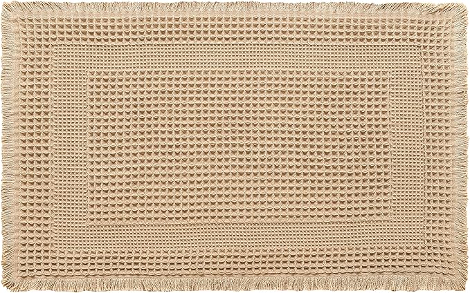 Hiasan Set of 2 Waffle Bath Mat, Super Absorbent Non Slip Bathroom Boho Rug with Tassels, Machine Washable Bath Mats for Bathroom, Ultra Soft Rubber Backed Rug, Loop-Brown, 16" x 24" + 20" x 32"