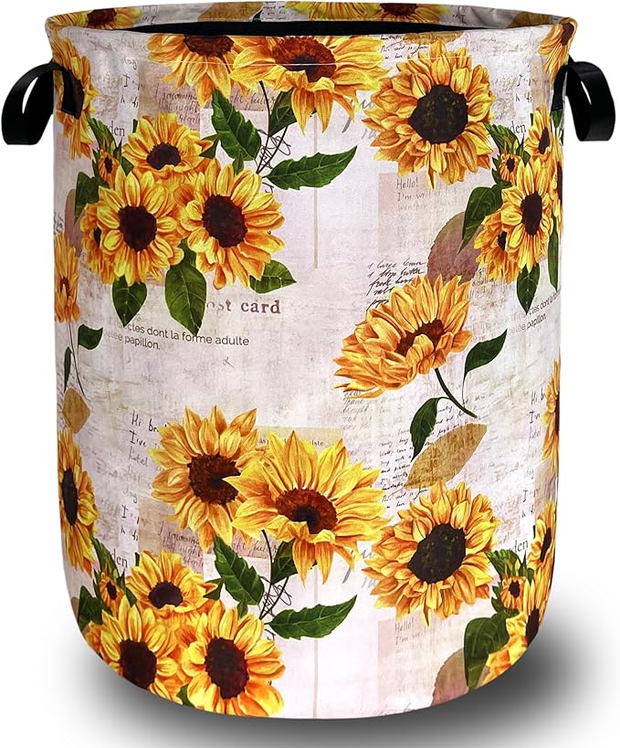 Vintage Sunflowers Laundry Basket Oxford Cloth Foldable Yellow Floral Laundry Hamper With Handle Portable Clothes Storage Organizer Basket 18.9x16.5 Inch Laundry Bag For Laundry Room/Bedroom/Bathroom