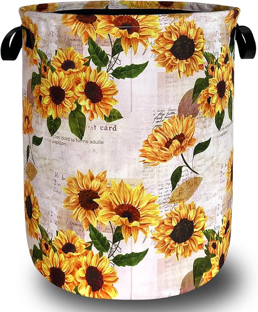 Vintage Sunflowers Laundry Basket Oxford Cloth Foldable Yellow Floral Laundry Hamper With Handle Portable Clothes Storage Organizer Basket 18.9x16.5 Inch Laundry Bag For Laundry Room/Bedroom/Bathroom