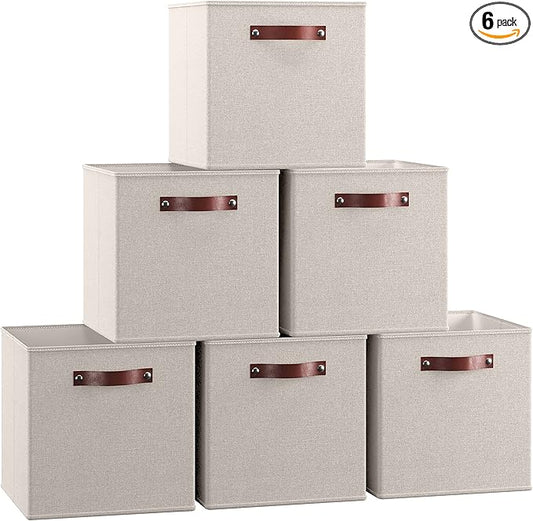 Ornavo Home 11 x 11 Storage Cube Bins, Foldable Collapsible Fabric Storage Bins Box Linen Shelf Basket Cube Organizer for Closet with Leather Handles, 6 Pack, Beige