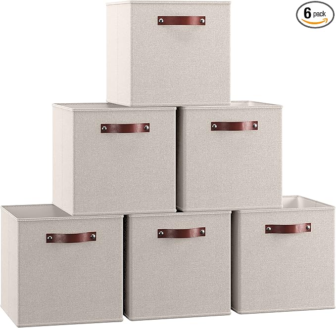 Ornavo Home 13 x 13 Storage Cube Bins, Foldable Collapsible Fabric Storage Bins Box Linen Shelf Basket Cube Organizer for Closet with Leather Handles, 6 Pack, Beige