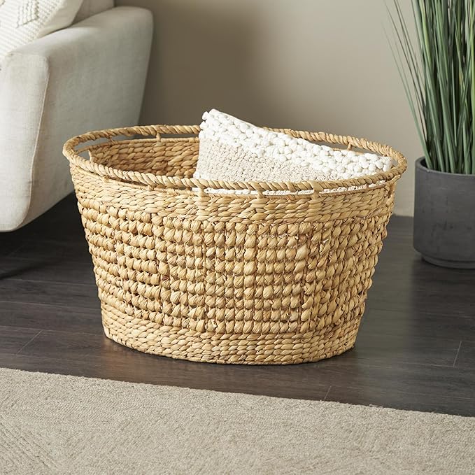 Deco 79 Seagrass Handmade Decorative and Functional Storage Basket Woven Oval Basket Organizer with Elevated Rim and Slot Handles, Basket for Storage 30" x 21" x 17", Brown
