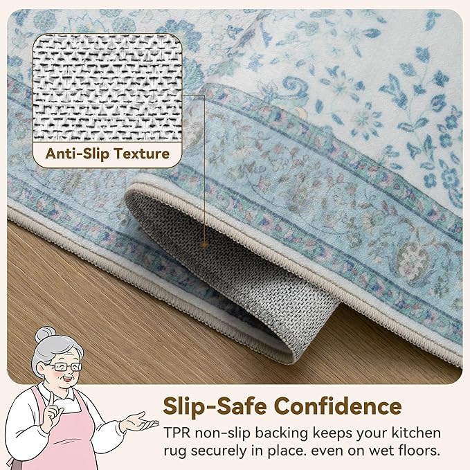 GRANNY SAYS Boho Bathroom Runner 47"x 18" Non-Slip,Quick Dry & Washable Vintage Bath Rug,Distressed Farmhouse Plush Velvet Bath Mat for Sink Shower and Bathtub, Vintage Blue