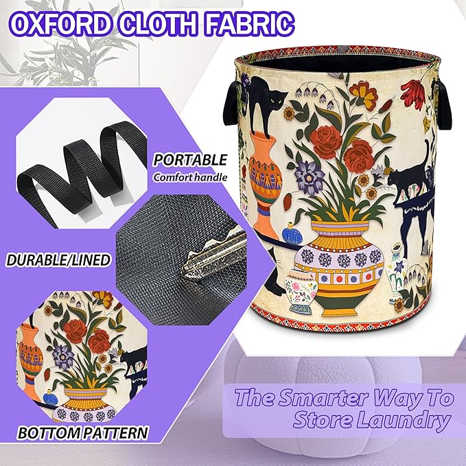 Black Cat Flowers Laundry Basket Floral Vase Art Oxford Cloth Laundry Hamper Funny With Handle Foldable Portable Clothes Storage Basket 18.9 X 16.5 In Storage Bag For Laundry Room/Bathroom/Bedroom
