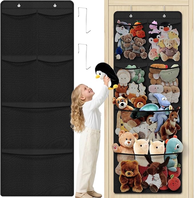 Stuffed Animal Storage - Large Over the Door Organizer with 6 Expandable Mesh Pockets & Metal Hooks, Non-Woven Fabric Hanging Plush Items Holder for Nursery, Bedroom, Playroom (Black)