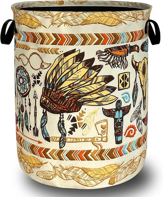 Feather Printed Laundry Basket Oxford Cloth Foldable Boho Laundry Hamper With Handle Portable Clothes Storage Organizer Basket 18.9x16.5Inch Laundry Bag For Laundry Room/Bedroom/Bathroom/Dormitories