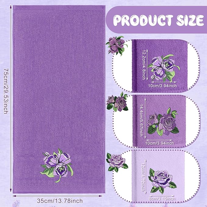 3 Pcs Purple Rose Hand Towels Lavender Purple Bathroom Decor Embroidered Floral Farmhouse Decorative Towels for Bathroom Kitchen Decor, 100% Cotton, 13. 3 x 29. 5''