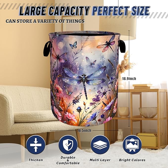Colorful Dragonfly and Floral Laundry Basket Foldable Wild Flowers Laundry Hamper With Handle Oxford Cloth Portable Clothes Storage Basket Laundry Bag 18.9"x16.5" For Laundry Room/Bedroom/Bathrooms