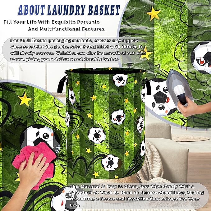 Funny Soccer Laundry Basket Foldable Football Laundry Hamper With Handle Oxford Cloth Portable Clothes Storage Basket Ball Laundry Bag 18.9"x16.5" For Laundry Room/Bedroom/Bathrooms