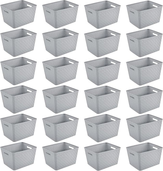 Sterilite 24 Pack Plastic Storage Bin Organization Containers, Tall Baskets, Cement