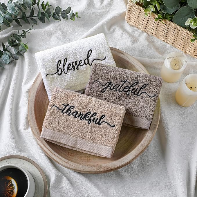 3 Pcs Brown and White Fingertip Towels 100% Cotton Fall Farmhouse Bathroom Hand Towels 12 x 18 in Decorative Embroidery Blessed Thankful Grateful for Thanksgiving Gift Home Decor