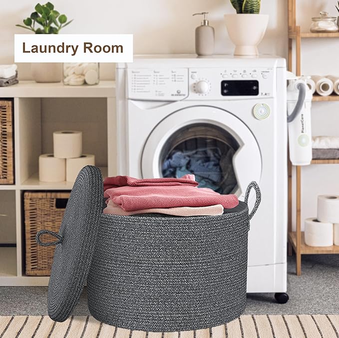 21" x 18" Extra Large storage baskets,Decorative blanket basket with lid for Living room,rope baskets with lid,wicker hamper for bedroom,Big,Round,Dark Grey
