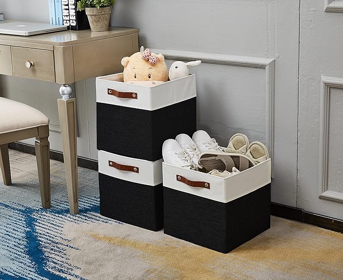 DECOMOMO Fabric Cube Storage Bins - Storage Baskets for Shelves, Cube Storage Organizer for Kallax and Cubbies (Black & White, 13 inch Cube) - 4 Pack