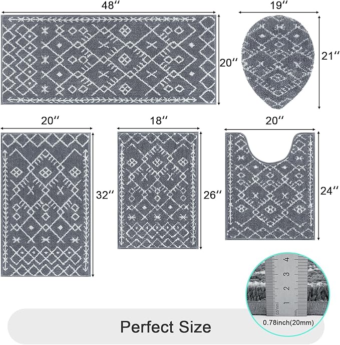 HEBE Bathroom Rugs Sets 5 Piece, Soft Absorbent Microfiber Bath Mat for Bathroom, Non Slip Washable Bath Rug Set with Toilet Cover, Bath Runner and U-Shaped Contour Toilet Rug, Dark Grey