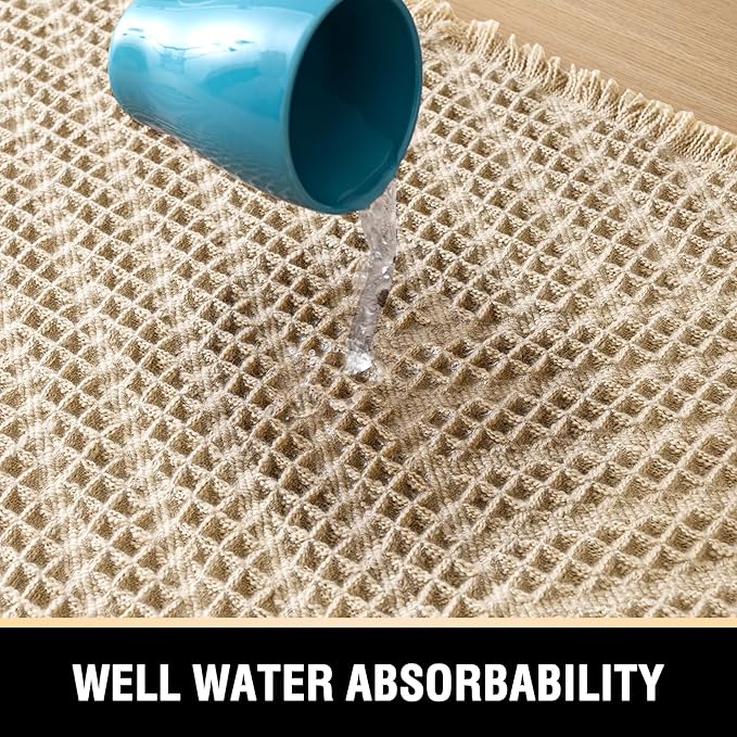 H.VERSAILTEX Waffle Bath Mat Super Absorbent Boho Bath Mat Non Slip Bath Rugs for Bathroom Floor Machine Washable Dry Fast Bathroom Rugs with Tassels (47 x 17 Plus 17 x 24 Inches, Sand)