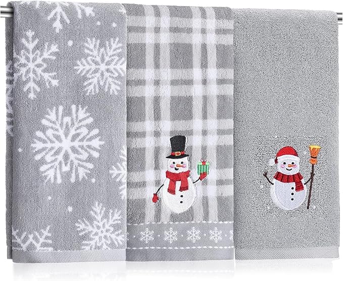 3 Pcs Winter Hand Towels for Bathroom Snowflake Snowman Embroidered Bathroom Towels Farmhouse Decorative 13.78 x 29.53 Inch Absorbent Soft Cotton for Kitchen Dish Fast Drying Decor