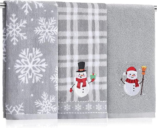 3 Pcs Winter Hand Towels for Bathroom Snowflake Snowman Embroidered Bathroom Towels Farmhouse Decorative 13.78 x 29.53 Inch Absorbent Soft Cotton for Kitchen Dish Fast Drying Decor