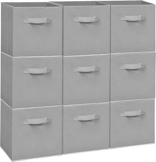 Easi 11 inch Cube Storage Bins, 9 Storage Cube Organizer, Collapsible Fabric storage cubes with Handles, Closet Storage Basket For Organization, Shelf Basket For Shelves Clothes Books, Gray