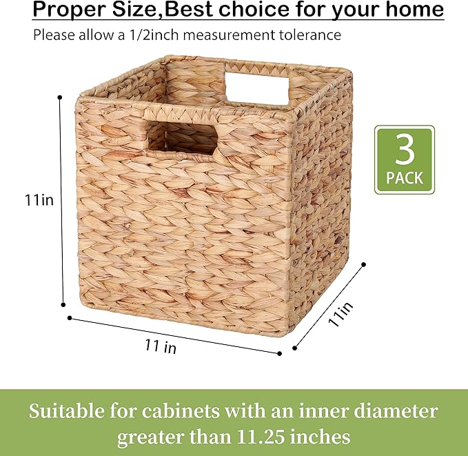 11x11x11in Water Hyacinth Storage Baskets, 11 Inch Cube Storage Bins, Woven Baskets for Storage, Wicker Storage Basket for Shelves Set of 3