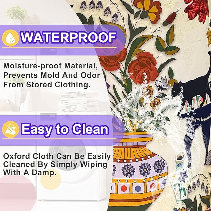 Black Cat Flowers Laundry Basket Floral Vase Art Oxford Cloth Laundry Hamper Funny With Handle Foldable Portable Clothes Storage Basket 18.9 X 16.5 In Storage Bag For Laundry Room/Bathroom/Bedroom
