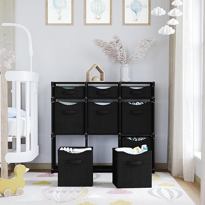 9 Cube Storage Organizer With Bins Included - Closet Storage With 9 Storage Bins - Easy To Assemble Storage Unit With Drawers - Closet Organization For Clothes, Bedroom, Nursery, & Toys (Black)