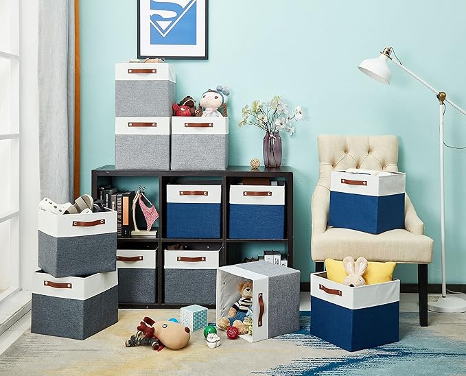 DECOMOMO Fabric Cube Storage Bins - Storage Baskets for Shelves, Cube Storage Organizer for Kallax and Cubbies (Grey & White, 12 inch Cube) - 4 Pack