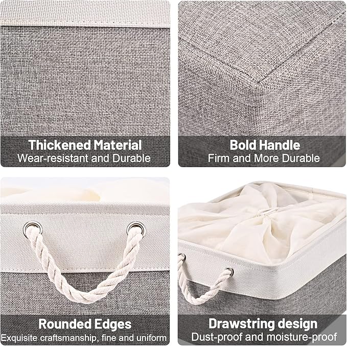 HOdo Home 15.8×11.8×9.5 In/3PCS Storage Bins, Fabric Bin with Drawstring Closure and 2 Bold Handles, Collapsible Large Canvas Baskets for Organizing Shelf Nursery Home Closet (White and Grey)