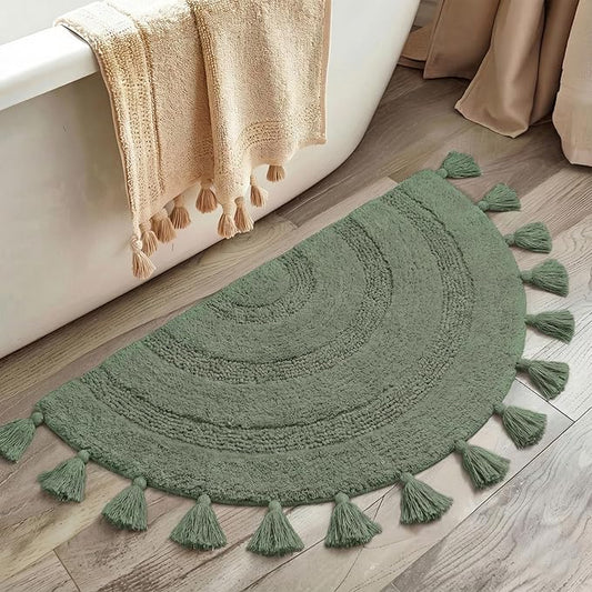 Half Circle Boho Bathroom Rugs with Tassels for Bohemian Bedroom Soft Half Circle Rug Handcrafted Crochet Cotton Non Slip Absorbent Washable Rug Cute Bath Mats for Boho Bathroom Decor 32"x20"