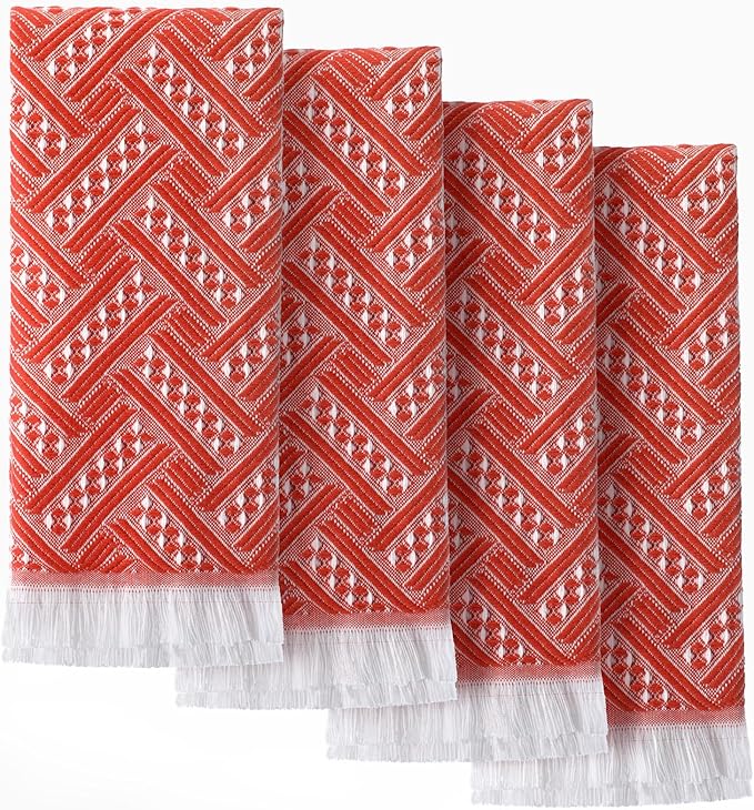 4 Pack Boho Bathroom Hand Towel 14 x 30 Inch 100% Turkish Cotton Decorative Boho Kitchen Hand Towel Farmhouse Bathroom Decor Set Absorbent Soft Guest Tea Gift(Red,White)