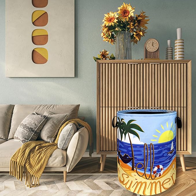 Hello Summer Laundry Hamper Colorful Beach Happy Holiday Laundry Basket With Handles Foldable Oxford Cloth Portable Funny Tote Bag Clothe Toy Storage Bucket 18.9x16.5Inch For Bathroom/Laundry/Bedroom