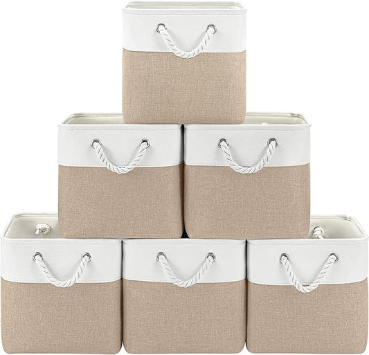 11 Inch Cube Storage Bins, 6 Pack Fabric Storage Cubes with Rope Handles, Organizer Baskets for Closet Shelves, Clothes and Home Organization(White/Khaki)