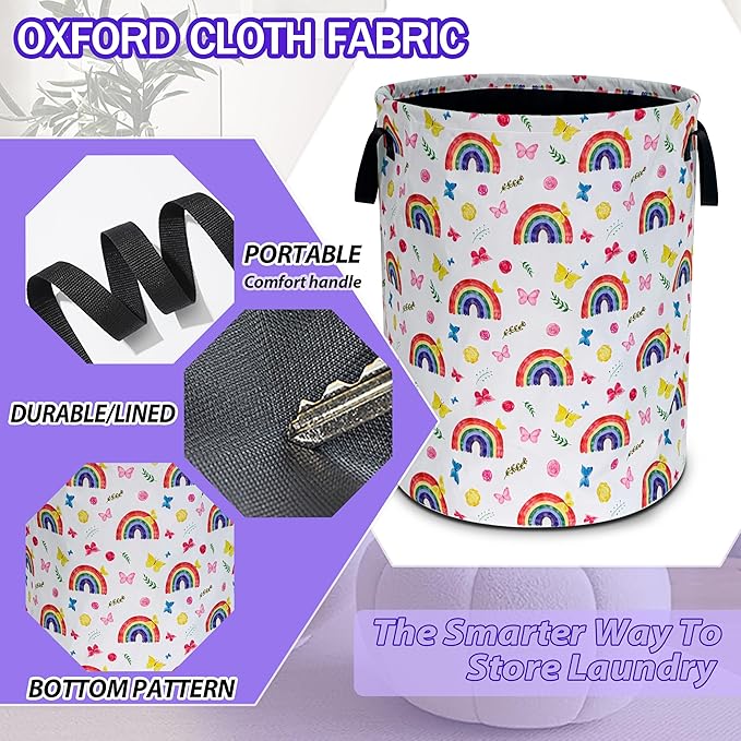 Rainbow Butterfly Laundry Basket Cartoon Oxford Cloth Laundry Hamper Funny With Handle Foldable Portable Clothes Storage Basket 18.9 X 16.5 In Storage Bag For Laundry Room/Bathroom/Bedroom/Dormitories
