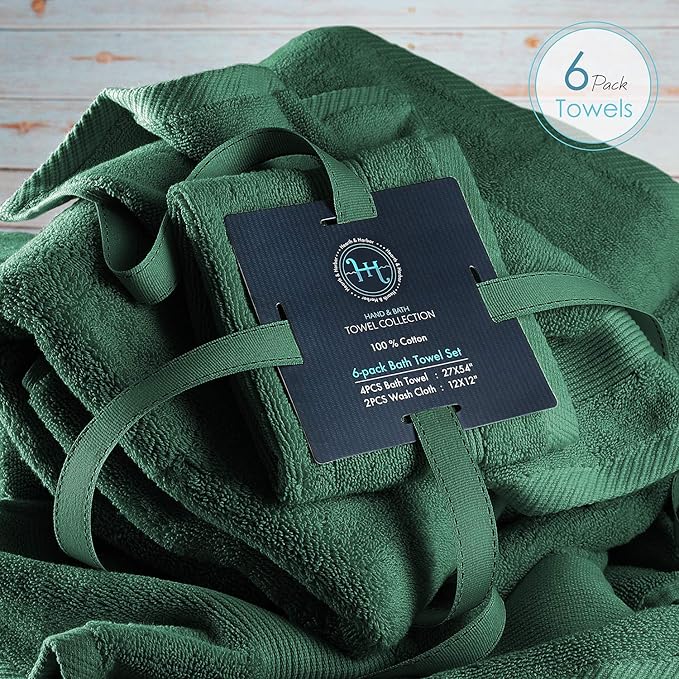 Hearth & Harbor Bath Towels for Bathroom - 100% Ring Spun Cotton Luxury Bathroom Towels - Ultra Soft & Highly Absorbent, Bath Towels Set of 6 - Hunter Green