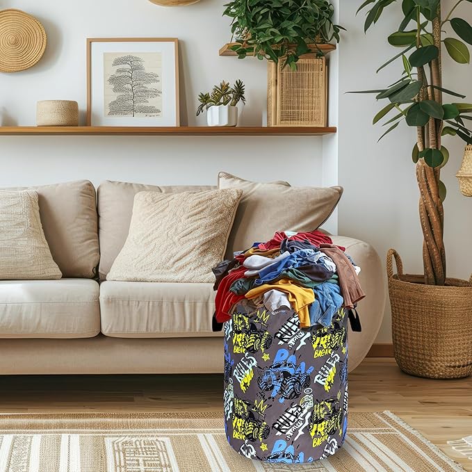 Funny Cars Pattern Laundry Basket Foldable Cartoon Colorful Laundry Hamper With Handle Oxford Cloth Portable Clothes Storage Basket Laundry Bag 18.9"x16.5" For Laundry Room/Bedroom/Bathrooms