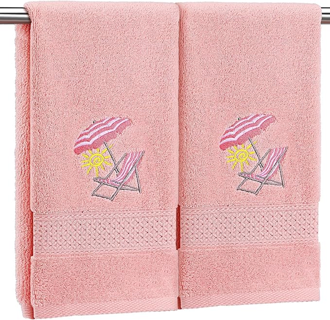 2 Pcs Beach Chair Hand Towels Pink Bathroom Decor 14x29 Inch Embroidered 100% Cotton Soft Absorbent Spring Summer Decorative Hand Towels for Bathroom Kitchen