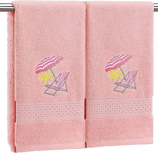 2 Pcs Beach Chair Hand Towels Pink Bathroom Decor 14x29 Inch Embroidered 100% Cotton Soft Absorbent Spring Summer Decorative Hand Towels for Bathroom Kitchen