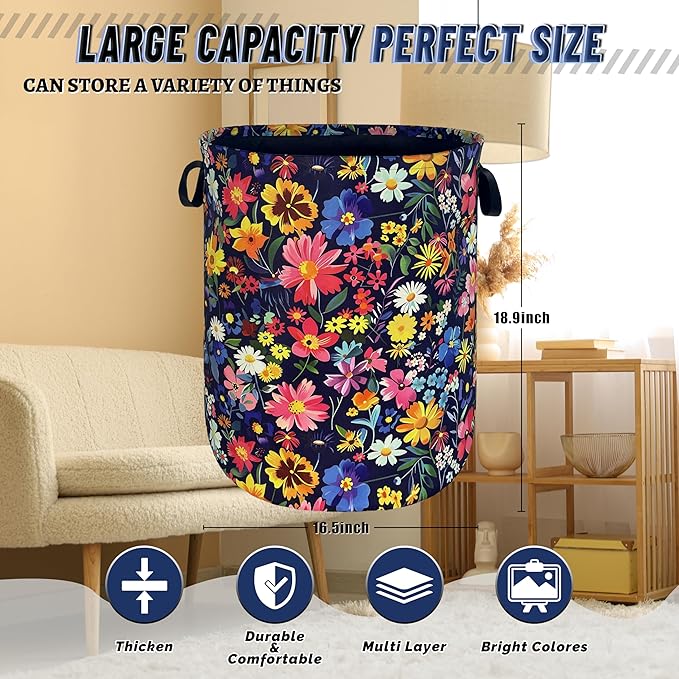 Colorful Flowers Laundry Basket Oxford Cloth Foldable Floral Laundry Hamper With Handle Portable Clothes Storage Organizer Basket 18.9x16.5 Inch Laundry Bag For Laundry Room/Bedroom/Bathroom
