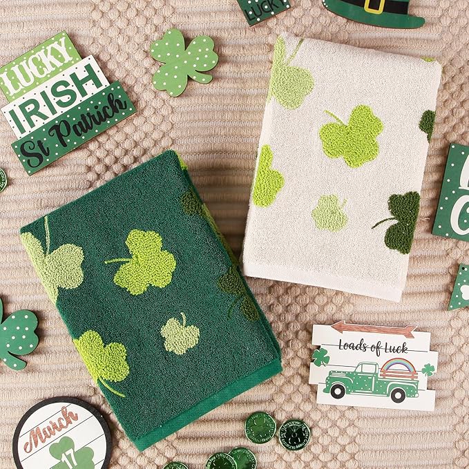 2 Pack St. Patrick's Day Hand Towels Green Clover Shamrocks 3D Embroidered 100% Cotton Soft Absorbent Bathroom Decorative Towels Set for Kitchen,Bathroom,Home,St. Patrick's Day Party,13.7'' x 29.5''