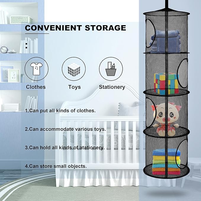 Hanging Stuffed Animal Storage, Foldable Corner Stuffed Animal Storage Organizer 4 Compartments Toy Storage Organizer for Kid Room Toys, Gloves,Hats,Socks Storage（Black）