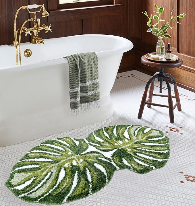 Green Bathroom Rug - Leaf Bath Mat Large Monstera Bath Rugs Non Slip Washable Bathrug for Bathroom Floor, Cute Bathmat Restroom Rug, Plant Absorbent Bath Mats Botanical Home Decor 24" x 51"