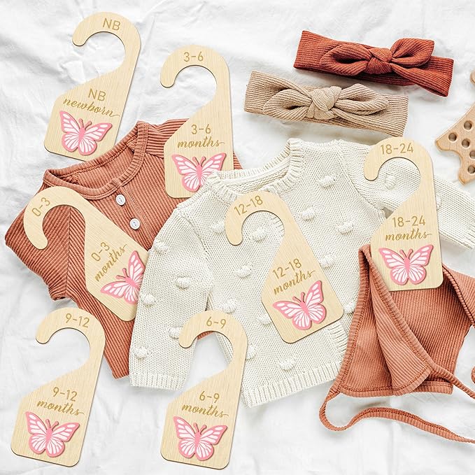 R HORSE 3D Wooden Baby Closet Dividers - 8Pcs Pink Butterfly Baby Closet Organizer, Double-sided Newborn Clothes Size Hanger Dividers Nursery Decor Birthday Gift for Boys Girls, 0-24 Months