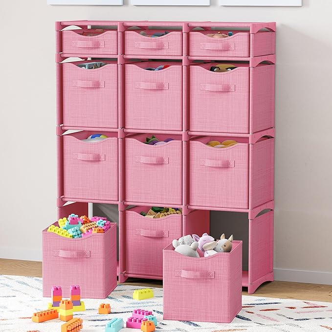12 Cube Storage Organizer With Bins Included - Closet Storage With 12 Storage Bins - Easy To Assemble Storage Unit With Drawers - Closet Organization For Clothes, Bedroom, Nursery, & Toys (Pink)