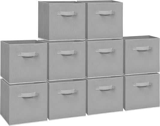 Easi 11 inch Cube Storage Bins, 10 Storage Cube Organizer, Collapsible Fabric storage cubes with Handles, Closet Storage Basket For Organization, Shelf Basket For Shelves Clothes Books, Gray