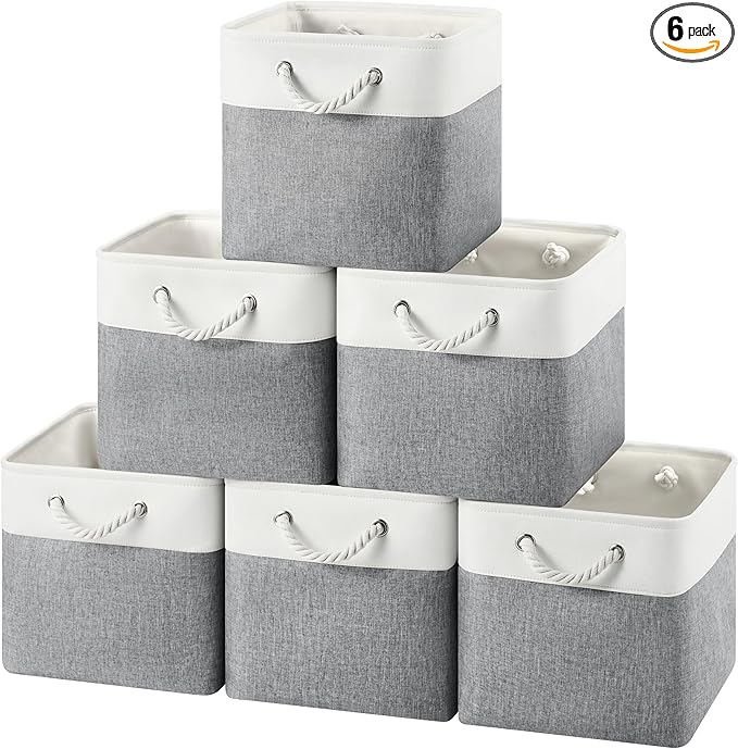 12x12 Storage Cube Bins, 6 Pack Reinforced Bottom Cardboard Foldable Box, Organizer for Closet Shelves, Heavy Home Storage Baskets (White Gray)