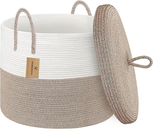 18" X18“ X 14" Large Storage Basket with Lid, Blanket Basket Living Room, Woven Cotton Rope Storage Box, Lidded Kids Dog Toy Bin, Wicker Laundry Basket, Blankets Pillows Organizer Holder