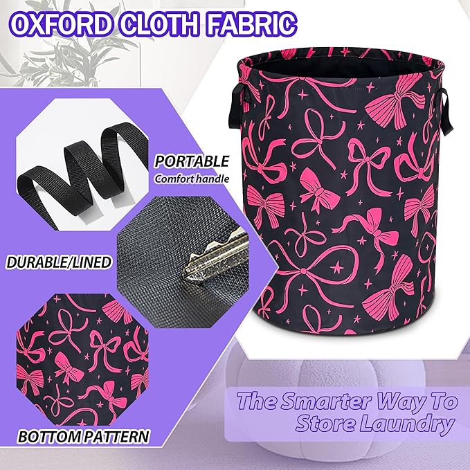Bow Laundry Basket Oxford Cloth Pink Bowknot Laundry Hamper Funny With Handle Foldable Portable Clothes Storage Basket 18.9 X 16.5 In Storage Bag For Laundry Room/Bathroom/Bedroom/Dormitories