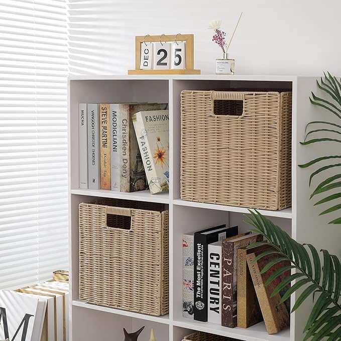 TAIMEI&G02 10.5 x 10.5 in Plastic Wicker Baskets for Cube Storage, Collapsible Square Wicker Storage Basket Set of 4, Rattan Storage Cube, Square Baskets for Shelves - Beige